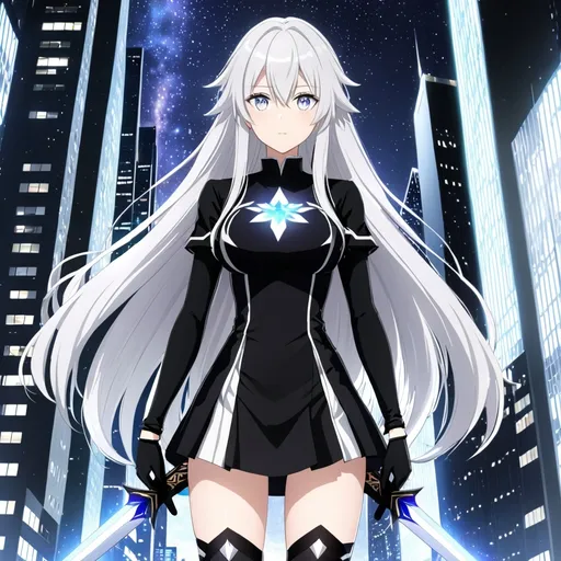 Prompt: anime, girl, detailed, very detailed, a woman in a black shirt inside, black skirt with a sword on a city street with skyscrapers in the background, official art, anime, girl, detailed, very detailed, crystal golden eyes, very long silver hair, 8k, detailed eyes, wearing gloves, Anime illustration of a tall woman, hands behind back, black thigh-highs and black gloves, bright pupils, space, starfalls , high quality, thin body, anime art, detailed eyes, professional, atmospheric lighting, normal hands, five fingers, aura, adult woman, cold face, sharp eyes, 1girl, glowing eyes