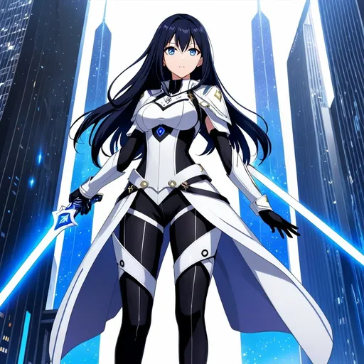 Prompt: anime, girl, detailed, very detailed, a woman in a white armor futuristic suit with a sword on a city street with skyscrapers in the background, official art, anime, girl, detailed, very detailed, crystal blue eyes, very long black hair, 8k, he, detailed eyes, glove holding, Anime illustration of a tall woman, hands behind back, black thigh-highs and black gloves, bright pupils, space, starfalls , high quality, thin body, anime art, detailed eyes, professional, atmospheric lighting, normal hands, five fingers, aura, adult woman, cold face, sharp eyes, 1girl, glowing eyes,textured corset with gold accessories