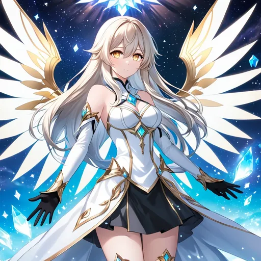 Prompt: anime, girl, detailed, very detailed, a woman in a white clothes, black skirt, stars and galactic in the background, official art, anime, girl, detailed, very detailed, crystal yellow eyes, very long blonde hair, 8k, detailed eyes, Anime illustration of a tall woman, gold light fairy wings, black thigh-highs, bright pupils, space, starfalls , high quality, thin body, anime art, detailed eyes, professional, atmospheric lighting, normal hands, five fingers, aura, adult woman, cold face, sharp eyes, 1girl, glowing eyes, Lumine from genshin impact, dress, textured corset with gold accessories, wearing long black gloves, bare shoulders, pyrokinesis, flame, white long arms shirt with black gloves, goddess