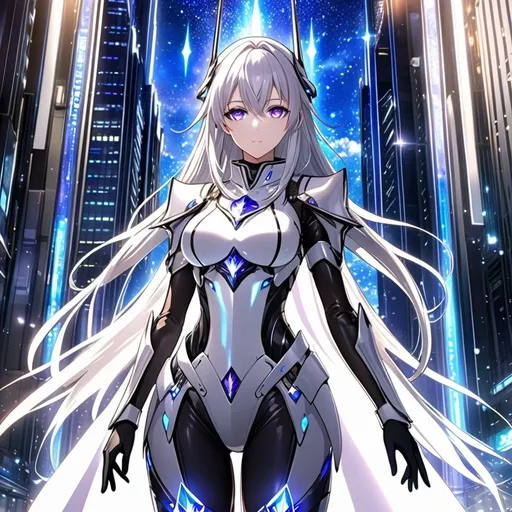 Prompt: anime, girl, detailed, very detailed, a woman in a white armor futuristic suit with a sword on a city street with skyscrapers in the background, official art, anime, girl, detailed, very detailed, crystal purple eyes, very long silver hair, 8k, he, detailed eyes, glove holding, Anime illustration of a tall woman, hands behind back, black thigh-highs and black gloves, bright pupils, space, starfalls , high quality, thin body, anime art, detailed eyes, professional, atmospheric lighting, normal hands, five fingers, aura, adult woman, cold face, sharp eyes, 1girl, glowing eyes