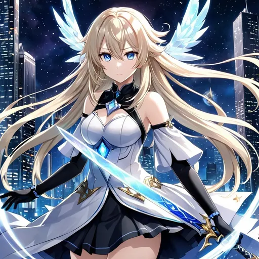 Prompt: anime, girl, detailed, very detailed, a woman in a black shirt inside white coat, black skirt with a sword on a city street with skyscrapers in the background, official art, anime, girl, detailed, very detailed, golden eyes, very long blonde hair, 8k, detailed eyes, wearing gloves, Anime illustration of a tall woman, light fairy wings, black thigh-highs and black gloves, bright pupils, space, starfalls , high quality, thin body, anime art, detailed eyes, professional, atmospheric lighting, normal hands, five fingers, aura, adult woman, cold face, sharp eyes, 1girl, glowing eyes, Lumine form Genshin impact