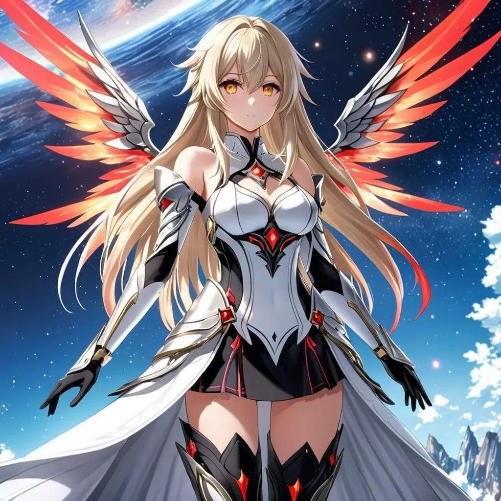 Prompt: anime, girl, detailed, very detailed, a woman in a white clothes, black short skirt, stars and galactic in the background, official art, anime, girl, detailed, very detailed, crystal yellow eyes, very long blonde hair, 8k, detailed eyes, Anime illustration of a tall woman,  flame fairy wings, black thigh-highs, bright pupils, space, starfalls , high quality, thin body, anime art, detailed eyes, professional, atmospheric lighting, normal hands, five fingers, aura, adult woman, cold face, sharp eyes, 1girl, glowing eyes, Lumine from genshin impact, dress, textured corset with gold accessories, wearing long black gloves, bare shoulders, pyrokinesis, flame, white long arms shirt with black gloves, a white armor futuristic suit