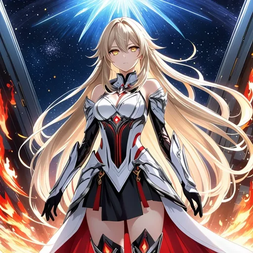 Prompt: anime, girl, detailed, very detailed, a woman in a white clothes, black skirt, stars and galactic in the background, official art, anime, girl, detailed, very detailed, crystal yellow eyes, very long blonde hair, 8k, detailed eyes, Anime illustration of a tall woman, fire aura, black thigh-highs, bright pupils, space, starfalls , high quality, thin body, anime art, detailed eyes, professional, atmospheric lighting, normal hands, five fingers, aura, adult woman, cold face, sharp eyes, 1girl, glowing eyes, Lumine from genshin impact, dress, textured corset with gold accessories, wearing long black gloves, bare shoulders, pyrokinesis, flame, white long arms shirt with black gloves, a white armor futuristic suit, Very long blonde hair