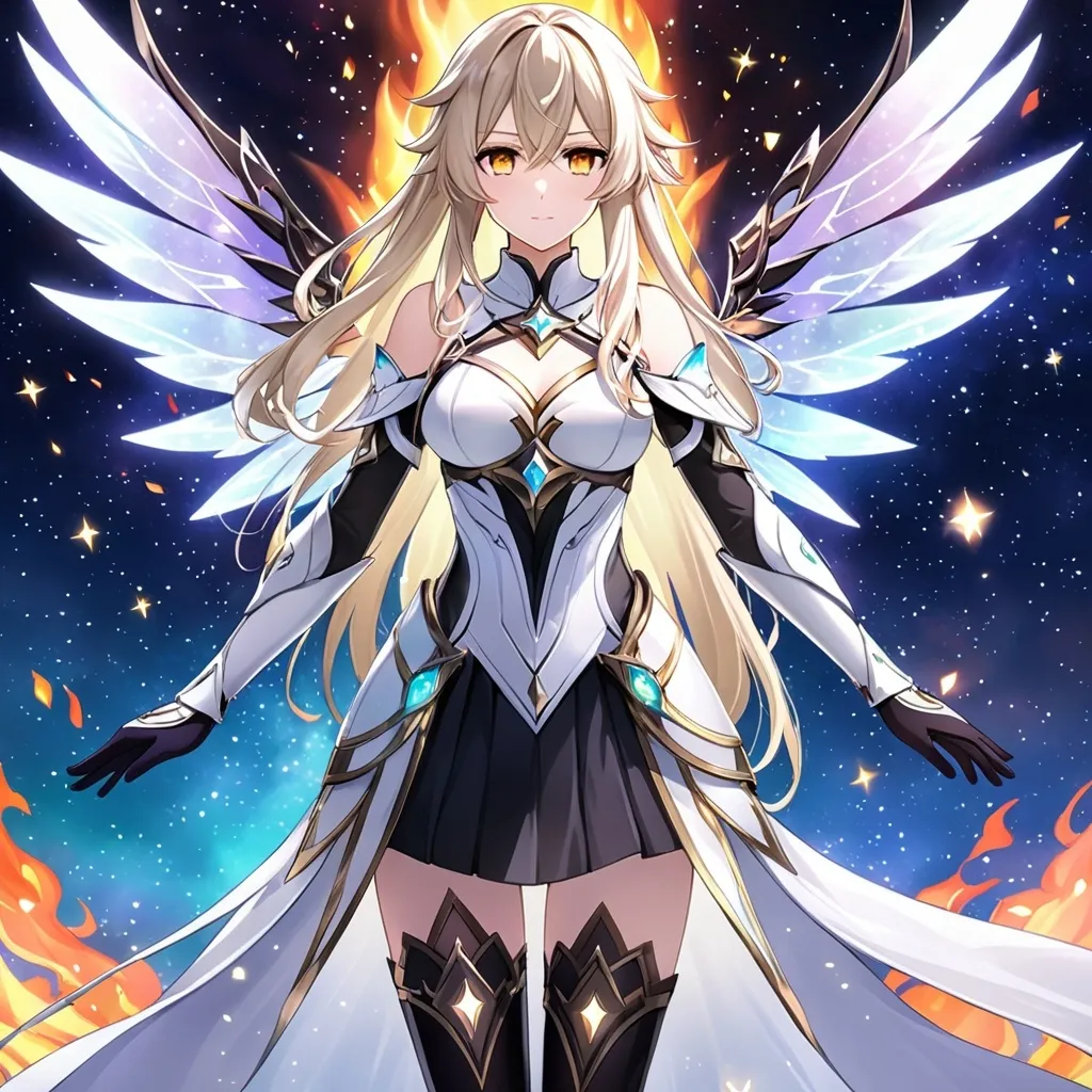 Prompt: anime, girl, detailed, very detailed, a woman in a white clothes, black skirt, stars and galactic in the background, official art, anime, girl, detailed, very detailed, crystal yellow eyes, very long blonde hair, 8k, detailed eyes, Anime illustration of a tall woman,  flame fairy wings, black thigh-highs, bright pupils, space, starfalls , high quality, thin body, anime art, detailed eyes, professional, atmospheric lighting, normal hands, five fingers, aura, adult woman, cold face, sharp eyes, 1girl, glowing eyes, Lumine from genshin impact, dress, textured corset with gold accessories, wearing long black gloves, bare shoulders, pyrokinesis, flame, white long arms shirt with black gloves, a white armor futuristic suit