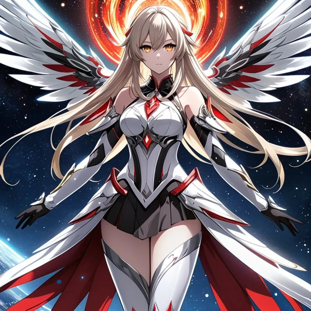 Prompt: anime, girl, detailed, very detailed, a woman in a white clothes, black skirt, stars and galactic in the background, official art, anime, girl, detailed, very detailed, crystal yellow eyes, very long blonde hair, 8k, detailed eyes, Anime illustration of a tall woman,  flame wings, black thigh-highs, bright pupils, space, starfalls , high quality, thin body, anime art, detailed eyes, professional, atmospheric lighting, normal hands, five fingers, aura, adult woman, cold face, sharp eyes, 1girl, glowing eyes, Lumine from genshin impact, dress, textured corset with gold accessories, wearing long black gloves, bare shoulders, pyrokinesis, flame, white long arms shirt with black gloves, a white armor futuristic suit