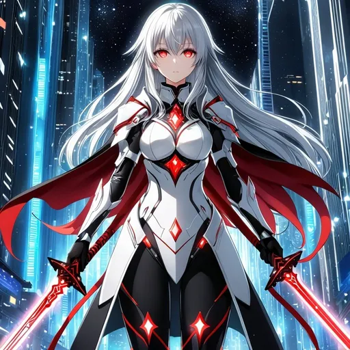 Prompt: anime, girl, detailed, very detailed, a woman in a white armor futuristic suit and black cape with a sword on a city street with skyscrapers in the background, official art, anime, girl, detailed, very detailed, crystal ruby eyes, very long silver hair, 8k, he, detailed eyes, glove holding, Anime illustration of a tall woman, hands behind back, black thigh-highs and black gloves, bright pupils, space, starfalls , high quality, thin body, anime art, detailed eyes, professional, atmospheric lighting, normal hands, five fingers, aura, adult woman, cold face, sharp eyes, 1girl, glowing eyes