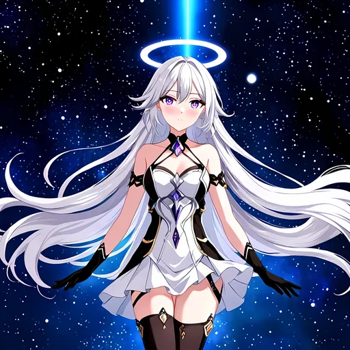 Prompt: Anime illustration of a tall woman with very long white hair, purple eyes, wearing a white dress, hands behind back, black thigh-highs, and gloves, bright pupils, space, stars , high quality, thin body, anime art, detailed eyes, professional, atmospheric lighting, normal hands, five fingers, goddess, halo, adult woman, herrscher from honkai impact's outfit