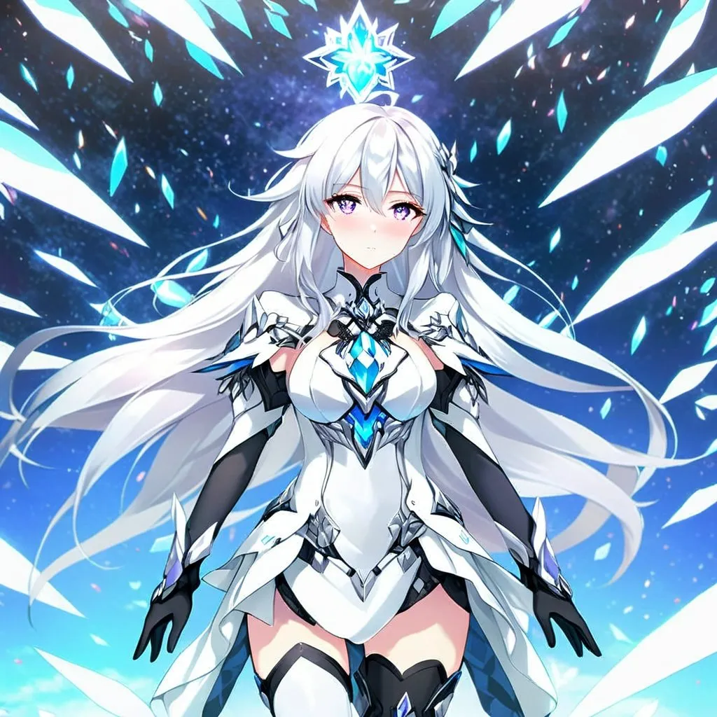 Prompt: Anime illustration of a tall woman with very long white hair, purple eyes, wearing a white dress, hands behind back, black thigh-highs, and gloves, bright pupils, space, stars , high quality, thin body, anime art, detailed eyes, professional, atmospheric lighting, normal hands, five fingers, goddess, halo, adult woman, herrscher from honkai impact's outfit