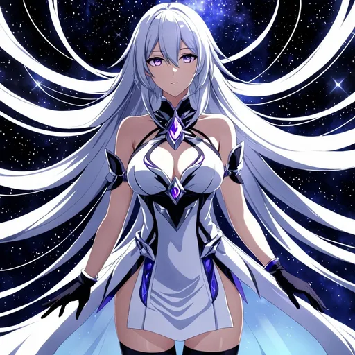 Prompt: Anime illustration of a tall woman with very long white hair, purple empty eyes, wearing a white dress, hands behind back, black thigh-highs and black gloves, bright pupils, space, starfalls , high quality, thin body, anime art, detailed eyes, professional, atmospheric lighting, normal hands, five fingers, goddess, aura, adult woman, cold face, herrscher from honkai impact's outfit, sharp eyes