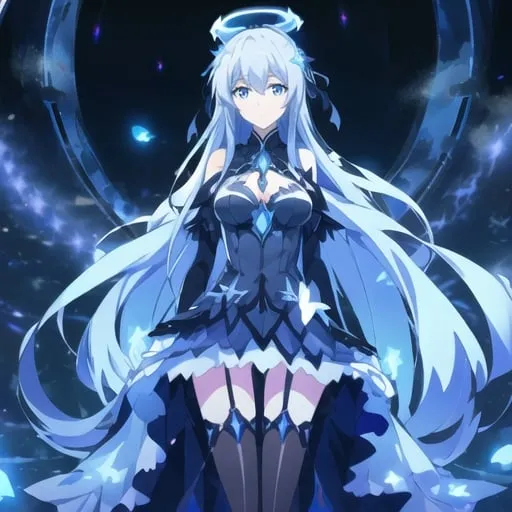 Prompt: Anime illustration of a tall woman with very long blue hair, blue eyes, wearing a white dress, hands behind back, black thigh-highs, and gloves, bright pupils, space, stars , high quality, thin body, anime art, detailed eyes, professional, atmospheric lighting, normal hands, five fingers, goddess, halo, adult woman, herrscher from honkai impact's outfit