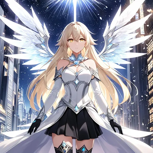 Prompt: anime, girl, detailed, very detailed, a woman in a white clothes, black skirt with a sword on a city street with skyscrapers in the background, official art, anime, girl, detailed, very detailed, crystal yellow eyes, very long blonde hair, 8k, detailed eyes, Anime illustration of a tall woman, gold light fairy wings, black thigh-highs, bright pupils, space, starfalls , high quality, thin body, anime art, detailed eyes, professional, atmospheric lighting, normal hands, five fingers, aura, adult woman, cold face, sharp eyes, 1girl, glowing eyes, Lumine from genshin impact, dress, textured corset with gold accessories, wearing long black gloves, bare shoulders, pyrokinesis, flame, silver gauntlets and black gloves