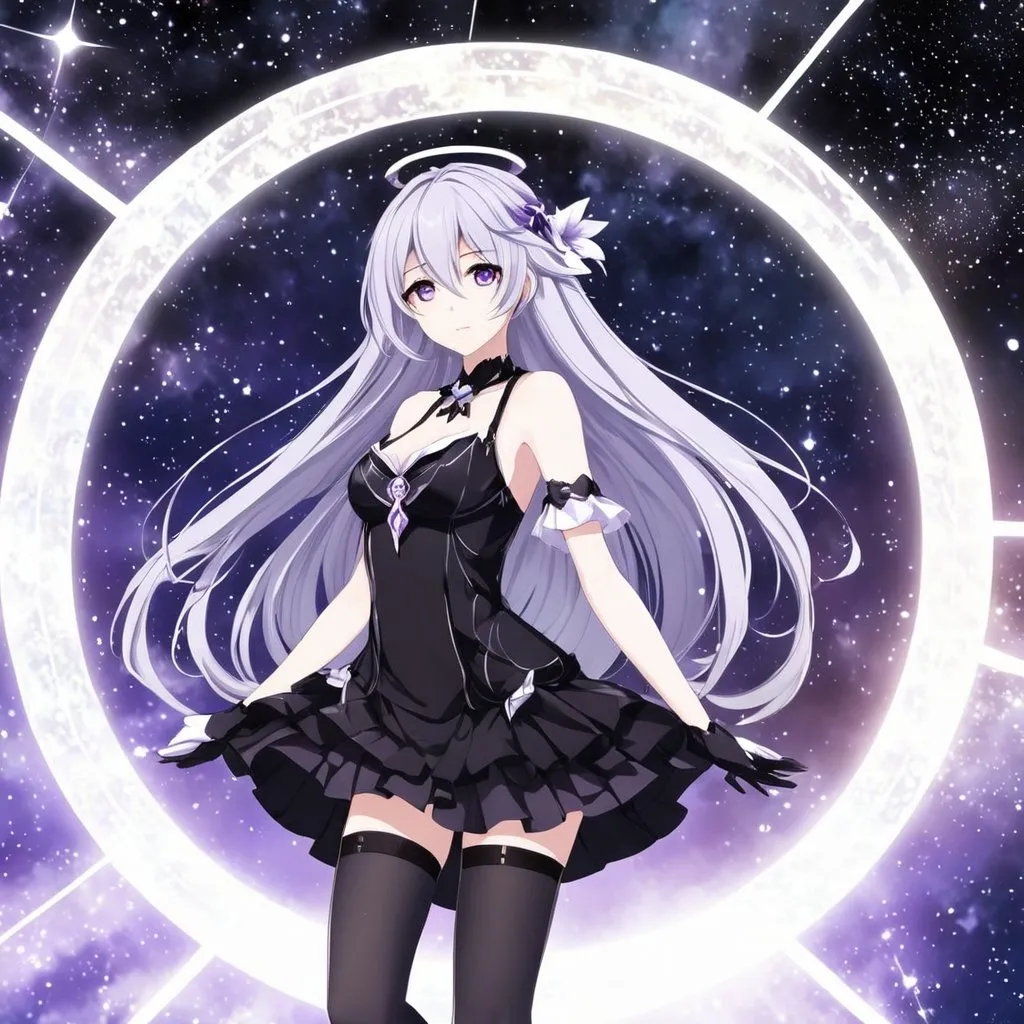 Prompt: Anime illustration of a tall woman with long black hair, purple eyes, wearing a black dress, hands behind back, black thigh-highs, and gloves, bright pupils, space, stars , high quality, thin body, anime art, detailed eyes, professional, atmospheric lighting, normal hands, five fingers, goddess, halo, adult woman, herrscher from honkai impact's outfit