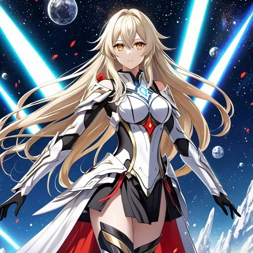 Prompt: anime, girl, detailed, very detailed, a woman in a white clothes, black skirt, stars and galactic in the background, official art, anime, girl, detailed, very detailed, crystal yellow eyes, very long blonde hair, 8k, detailed eyes, Anime illustration of a tall woman, black thigh-highs, bright pupils, space, starfalls , high quality, thin body, anime art, detailed eyes, professional, atmospheric lighting, normal hands, five fingers, aura, adult woman, cold face, sharp eyes, 1girl, glowing eyes, Lumine from genshin impact, dress, textured corset with gold accessories, wearing long black gloves, pyrokinesis, flame, white long arms shirt with black gloves, a white armor futuristic suit with bare shoulders, Very long blonde hair