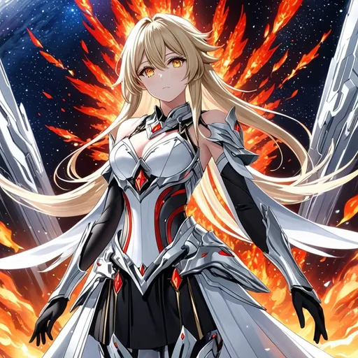 Prompt: anime, girl, detailed, very detailed, a woman in a white clothes, black skirt, stars and galactic in the background, official art, anime, girl, detailed, very detailed, crystal yellow eyes, very long blonde hair, 8k, detailed eyes, Anime illustration of a tall woman, fire aura, black thigh-highs, bright pupils, space, starfalls , high quality, thin body, anime art, detailed eyes, professional, atmospheric lighting, normal hands, five fingers, aura, adult woman, cold face, sharp eyes, 1girl, glowing eyes, Lumine from genshin impact, dress, textured corset with gold accessories, wearing long black gloves, bare shoulders, pyrokinesis, flame, white long arms shirt with black gloves, a white armor futuristic suit, Very long blonde hair