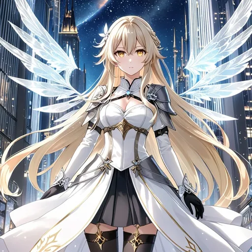 Prompt: anime, girl, detailed, very detailed, a woman in a white shirt inside, black skirt with a sword on a city street with skyscrapers in the background, official art, anime, girl, detailed, very detailed, crystal yellow eyes, very long blonde hair, 8k, detailed eyes, wearing gloves, Anime illustration of a tall woman, light fairy wings, black thigh-highs and black gloves, bright pupils, space, starfalls , high quality, thin body, anime art, detailed eyes, professional, atmospheric lighting, normal hands, five fingers, aura, adult woman, cold face, sharp eyes, 1girl, glowing eyes, Lumine from genshin impact, dress, textured corset with gold accessories, knight dress