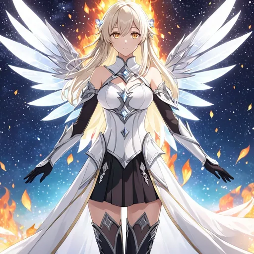 Prompt: anime, girl, detailed, very detailed, a woman in a white clothes, black skirt, stars and galactic in the background, official art, anime, girl, detailed, very detailed, crystal yellow eyes, very long blonde hair, 8k, detailed eyes, Anime illustration of a tall woman,  flame fairy wings, black thigh-highs, bright pupils, space, starfalls , high quality, thin body, anime art, detailed eyes, professional, atmospheric lighting, normal hands, five fingers, aura, adult woman, cold face, sharp eyes, 1girl, glowing eyes, Lumine from genshin impact, dress, textured corset with gold accessories, wearing long black gloves, bare shoulders, pyrokinesis, flame, white long arms shirt with black gloves, a white armor futuristic suit