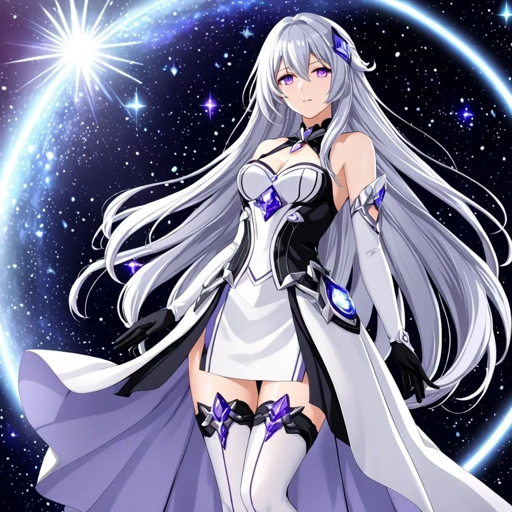 Prompt: Crystal purple eyes, very long silver hair, galactic background, 8k, he, detailed eyes, glove holding, textured dress, textured corset with silver accessories, Anime illustration of a tall woman wearing a white dress, hands behind back, black thigh-highs and black gloves, bright pupils, space, starfalls , high quality, thin body, anime art, detailed eyes, professional, atmospheric lighting, normal hands, five fingers, aura, adult woman, cold face, herrscher from honkai impact's outfit, sharp eyes, 1girl, glowing eyes