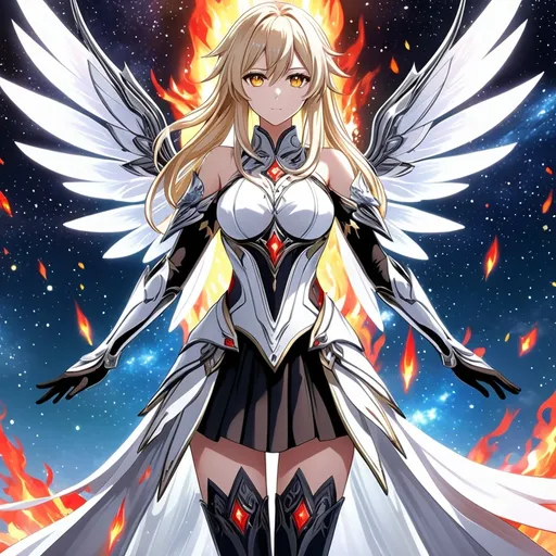 Prompt: anime, girl, detailed, very detailed, a woman in a white clothes, black skirt, stars and galactic in the background, official art, anime, girl, detailed, very detailed, crystal yellow eyes, very long blonde hair, 8k, detailed eyes, Anime illustration of a tall woman,  flame fairy wings, black thigh-highs, bright pupils, space, starfalls , high quality, thin body, anime art, detailed eyes, professional, atmospheric lighting, normal hands, five fingers, aura, adult woman, cold face, sharp eyes, 1girl, glowing eyes, Lumine from genshin impact, dress, textured corset with gold accessories, wearing long black gloves, bare shoulders, pyrokinesis, flame, white long arms shirt with black gloves, a white armor futuristic suit