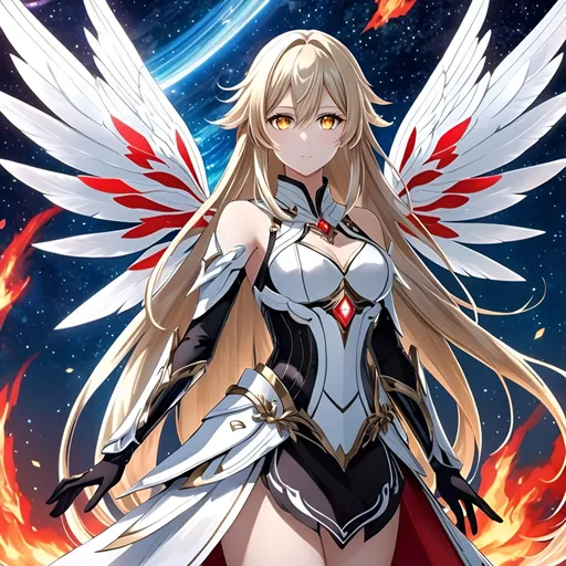 Prompt: anime, girl, detailed, very detailed, a woman in a white clothes, black short skirt, stars and galactic in the background, official art, anime, girl, detailed, very detailed, crystal yellow eyes, very long blonde hair, 8k, detailed eyes, Anime illustration of a tall woman,  flame fairy wings, black thigh-highs, bright pupils, space, starfalls , high quality, thin body, anime art, detailed eyes, professional, atmospheric lighting, normal hands, five fingers, aura, adult woman, cold face, sharp eyes, 1girl, glowing eyes, Lumine from genshin impact, dress, textured corset with gold accessories, wearing long black gloves, bare shoulders, pyrokinesis, flame, white long arms shirt with black gloves, a white armor futuristic suit