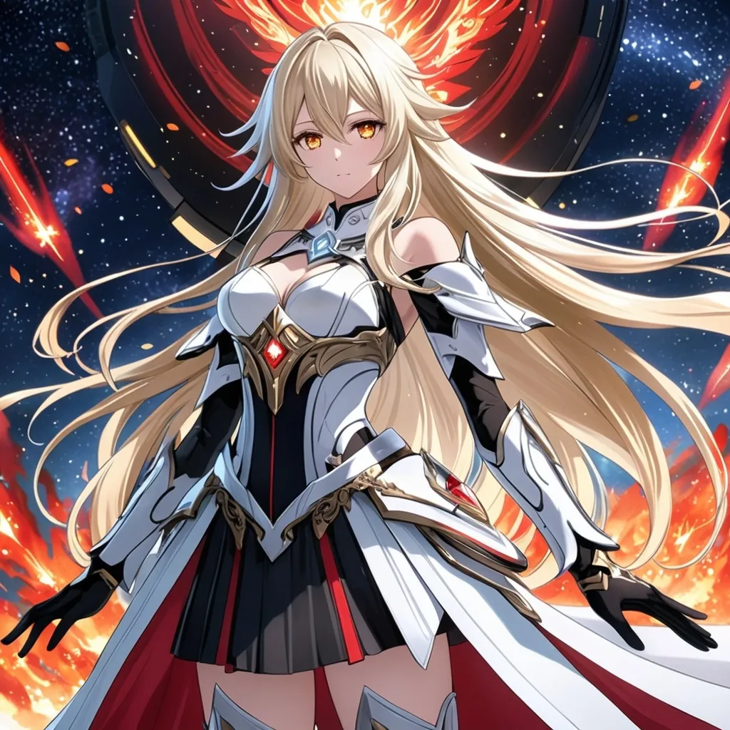 Prompt: anime, girl, detailed, very detailed, a woman in a white clothes, black skirt, stars and galactic in the background, official art, anime, girl, detailed, very detailed, crystal yellow eyes, very long blonde hair, 8k, detailed eyes, Anime illustration of a tall woman, fire aura, black thigh-highs, bright pupils, space, starfalls , high quality, thin body, anime art, detailed eyes, professional, atmospheric lighting, normal hands, five fingers, aura, adult woman, cold face, sharp eyes, 1girl, glowing eyes, Lumine from genshin impact, dress, textured corset with gold accessories, wearing long black gloves, bare shoulders, pyrokinesis, flame, white long arms shirt with black gloves, a white armor futuristic suit, Very long blonde hair