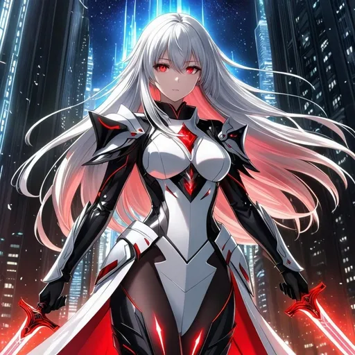 Prompt: anime, girl, detailed, very detailed, a woman in a white armor futuristic suit with a sword on a city street with skyscrapers in the background, official art, anime, girl, detailed, very detailed, crystal ruby eyes, very long silver hair, 8k, he, detailed eyes, glove holding, Anime illustration of a tall woman, hands behind back, black thigh-highs and black gloves, bright pupils, space, starfalls , high quality, thin body, anime art, detailed eyes, professional, atmospheric lighting, normal hands, five fingers, aura, adult woman, cold face, sharp eyes, 1girl, glowing eyes