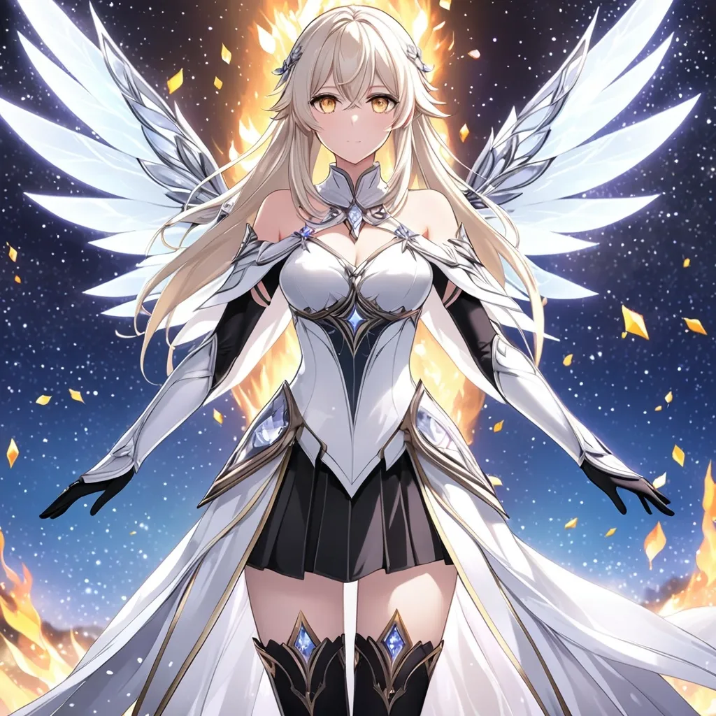 Prompt: anime, girl, detailed, very detailed, a woman in a white clothes, black skirt, stars and galactic in the background, official art, anime, girl, detailed, very detailed, crystal yellow eyes, very long blonde hair, 8k, detailed eyes, Anime illustration of a tall woman,  flame fairy wings, black thigh-highs, bright pupils, space, starfalls , high quality, thin body, anime art, detailed eyes, professional, atmospheric lighting, normal hands, five fingers, aura, adult woman, cold face, sharp eyes, 1girl, glowing eyes, Lumine from genshin impact, dress, textured corset with gold accessories, wearing long black gloves, bare shoulders, pyrokinesis, flame, white long arms shirt with black gloves, a white armor futuristic suit