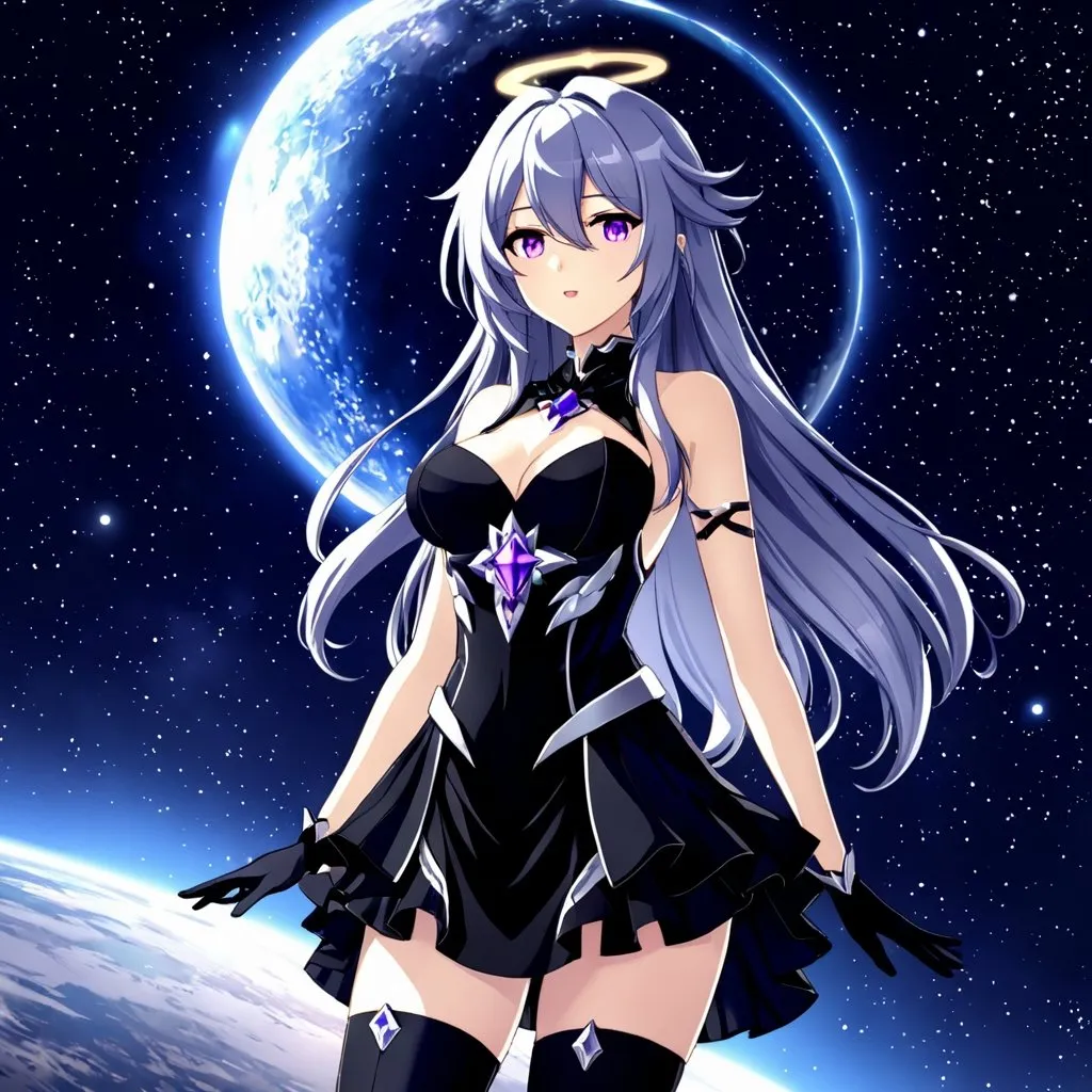 Prompt: Anime illustration of a tall woman with long black hair, purple eyes, wearing a black dress, hands behind back, black thigh-highs, and gloves, bright pupils, space, stars , high quality, thin body, anime art, detailed eyes, professional, atmospheric lighting, normal hands, five fingers, goddess, halo, adult woman, herrscher from honkai impact's outfit