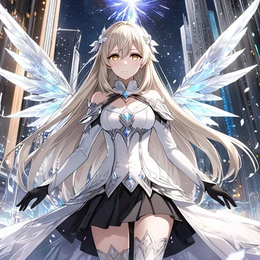Prompt: anime, girl, detailed, very detailed, a woman in a white shirt inside, black skirt with a sword on a city street with skyscrapers in the background, official art, anime, girl, detailed, very detailed, crystal yellow eyes, very long blonde hair, 8k, detailed eyes, Anime illustration of a tall woman, light fairy wings, black thigh-highs, bright pupils, space, starfalls , high quality, thin body, anime art, detailed eyes, professional, atmospheric lighting, normal hands, five fingers, aura, adult woman, cold face, sharp eyes, 1girl, glowing eyes, Lumine from genshin impact, dress, textured corset with gold accessories, wearing long black gloves, bare shoulders