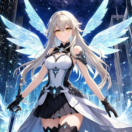 Prompt: anime, girl, detailed, very detailed, a woman in a white shirt inside, black skirt with a sword on a city street with skyscrapers in the background, official art, anime, girl, detailed, very detailed, crystal yellow eyes, very long blonde hair, 8k, detailed eyes, wearing gloves, Anime illustration of a tall woman, light fairy wings, black thigh-highs and black gloves, bright pupils, space, starfalls , high quality, thin body, anime art, detailed eyes, professional, atmospheric lighting, normal hands, five fingers, aura, adult woman, cold face, sharp eyes, 1girl, glowing eyes, Lumine from genshin impact