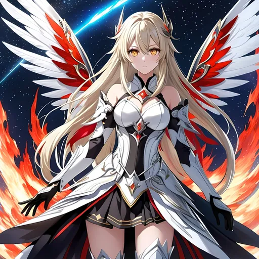 Prompt: anime, girl, detailed, very detailed, a woman in a white clothes, black short skirt, stars and galactic in the background, official art, anime, girl, detailed, very detailed, crystal yellow eyes, very long blonde hair, 8k, detailed eyes, Anime illustration of a tall woman,  flame fairy wings, white thigh-highs, bright pupils, space, starfalls , high quality, thin body, anime art, detailed eyes, professional, atmospheric lighting, normal hands, five fingers, aura, adult woman, cold face, sharp eyes, 1girl, glowing eyes, Lumine from genshin impact, dress, textured corset with gold accessories, wearing long black gloves, bare shoulders, pyrokinesis, flame, white long arms shirt with black gloves, a white armor futuristic suit