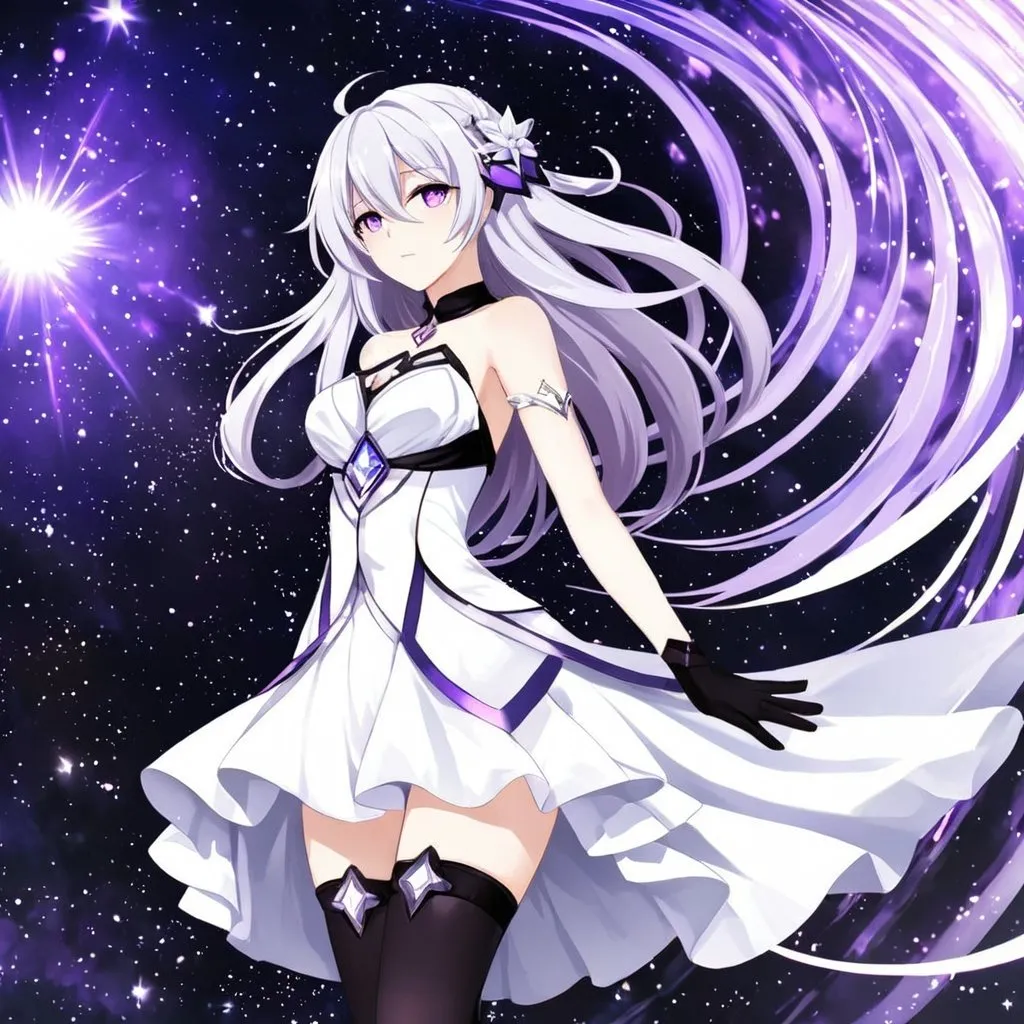 Prompt: Anime illustration of a tall woman with long white hair, purple eyes, wearing a white dress, hands behind back, black thigh-highs, and gloves, bright pupils, space, stars , high quality, thin body, anime art, detailed eyes, professional, atmospheric lighting, normal hands, five fingers, goddess, aura, adult woman, herrscher from honkai impact's outfit