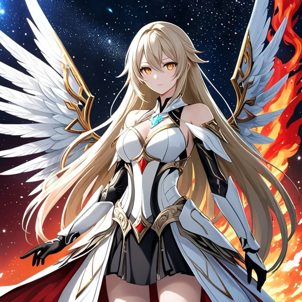 Prompt: anime, girl, detailed, very detailed, a woman in a white clothes, black skirt, stars and galactic in the background, official art, anime, girl, detailed, very detailed, crystal yellow eyes, very long blonde hair, 8k, detailed eyes, Anime illustration of a tall woman,  flame fairy wings, black thigh-highs, bright pupils, space, starfalls , high quality, thin body, anime art, detailed eyes, professional, atmospheric lighting, normal hands, five fingers, aura, adult woman, cold face, sharp eyes, 1girl, glowing eyes, Lumine from genshin impact, dress, textured corset with gold accessories, wearing long black gloves, bare shoulders, pyrokinesis, flame, white long arms shirt with black gloves, a white armor futuristic suit