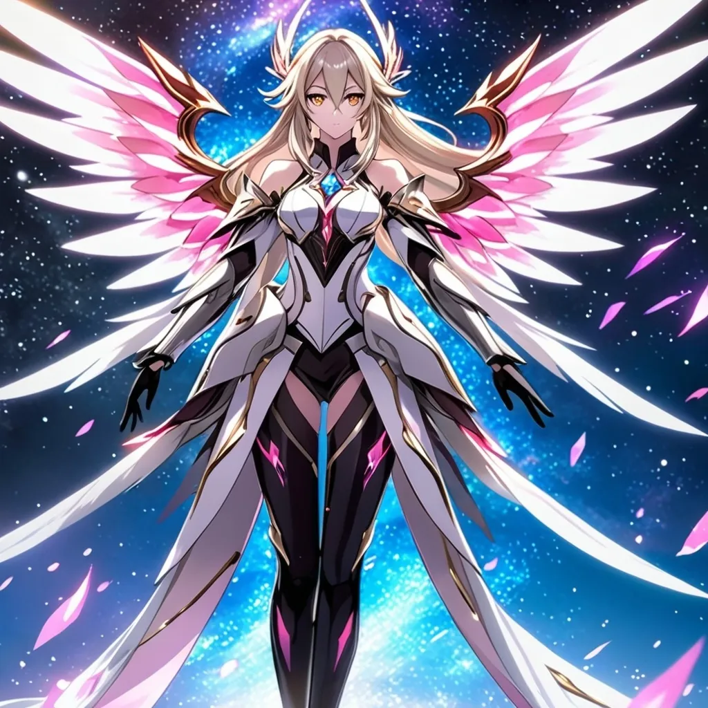 Prompt: anime, girl, detailed, very detailed, a woman in a white clothes, black skirt, stars and galactic in the background, official art, anime, girl, detailed, very detailed, crystal yellow eyes, very long blonde hair, 8k, detailed eyes, Anime illustration of a tall woman,  flame fairy wings, black thigh-highs, bright pupils, space, starfalls , high quality, thin body, anime art, detailed eyes, professional, atmospheric lighting, normal hands, five fingers, aura, adult woman, cold face, sharp eyes, 1girl, glowing eyes, Lumine from genshin impact, dress, textured corset with gold accessories, wearing long black gloves, bare shoulders, pyrokinesis, flame, white long arms shirt with black gloves, a white armor futuristic suit, Very long blonde hair