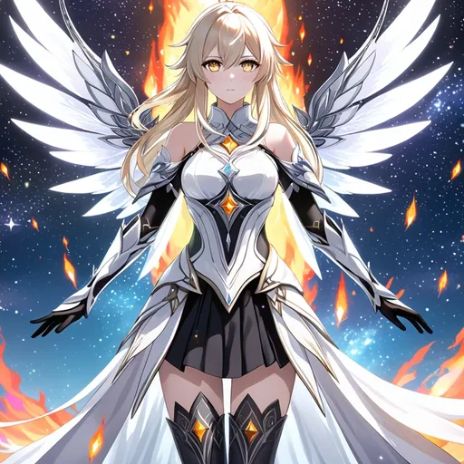 Prompt: anime, girl, detailed, very detailed, a woman in a white clothes, black skirt, stars and galactic in the background, official art, anime, girl, detailed, very detailed, crystal yellow eyes, very long blonde hair, 8k, detailed eyes, Anime illustration of a tall woman,  flame fairy wings, black thigh-highs, bright pupils, space, starfalls , high quality, thin body, anime art, detailed eyes, professional, atmospheric lighting, normal hands, five fingers, aura, adult woman, cold face, sharp eyes, 1girl, glowing eyes, Lumine from genshin impact, dress, textured corset with gold accessories, wearing long black gloves, bare shoulders, pyrokinesis, flame, white long arms shirt with black gloves, a white armor futuristic suit