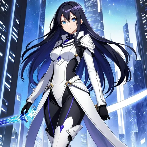 Prompt: anime, girl, detailed, very detailed, a woman in a white armor futuristic suit with a sword on a city street with skyscrapers in the background, official art, anime, girl, detailed, very detailed, crystal blue eyes, very long black hair, 8k, he, detailed eyes, glove holding, Anime illustration of a tall woman, hands behind back, black thigh-highs and black gloves, bright pupils, space, starfalls , high quality, thin body, anime art, detailed eyes, professional, atmospheric lighting, normal hands, five fingers, aura, adult woman, cold face, sharp eyes, 1girl, glowing eyes,textured corset with gold accessories