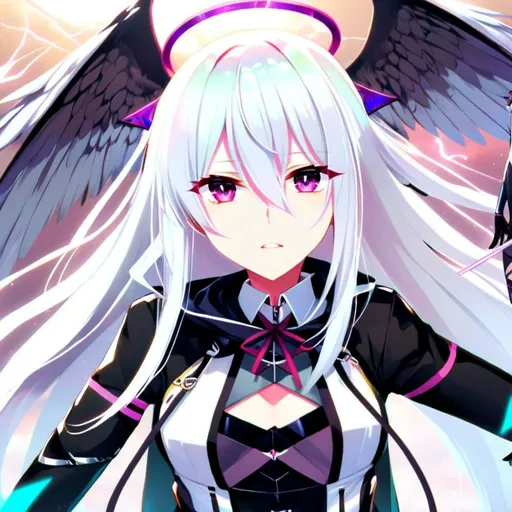 Prompt: 1girl, an anime girl with long white hair, anime art, an anime drawing, dull eyes, purple eyes, tall woman, high quality, thin body, multiple wings, angel, six wings, hands behind back, head wings, glowing eyes, halo, black thighhighs, bright pupils, white clothes, thunder, black gloves