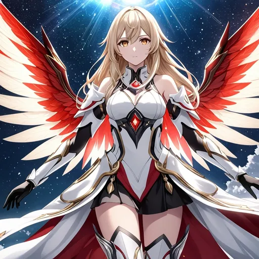 Prompt: anime, girl, detailed, very detailed, a woman in a white clothes, black skirt, stars and galactic in the background, official art, anime, girl, detailed, very detailed, crystal yellow eyes, very long blonde hair, 8k, detailed eyes, Anime illustration of a tall woman,  flame fairy wings, black thigh-highs, bright pupils, space, starfalls , high quality, thin body, anime art, detailed eyes, professional, atmospheric lighting, normal hands, five fingers, aura, adult woman, cold face, sharp eyes, 1girl, glowing eyes, Lumine from genshin impact, dress, textured corset with gold accessories, wearing long black gloves, bare shoulders, pyrokinesis, flame, white long arms shirt with black gloves, a white armor futuristic suit, Very long blonde hair, cape