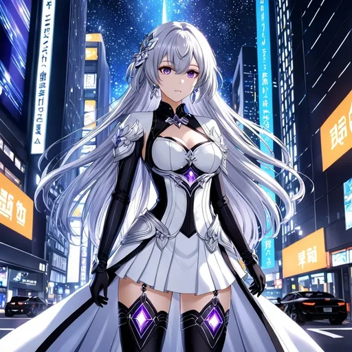 Prompt: a woman in a futuristic suit with a sword on a city street with skyscrapers in the background, Ayami Kojima, official art, anime, girl, detailed, very detailed, crystal purple eyes, very long silver hair, 8k, he, detailed eyes, glove holding, textured dress, textured corset with silver accessories, Anime illustration of a tall woman wearing a white dress, hands behind back, black thigh-highs and black gloves, bright pupils, space, starfalls , high quality, thin body, anime art, detailed eyes, professional, atmospheric lighting, normal hands, five fingers, aura, adult woman, cold face, herrscher from honkai impact's outfit, sharp eyes, 1girl, glowing eyes