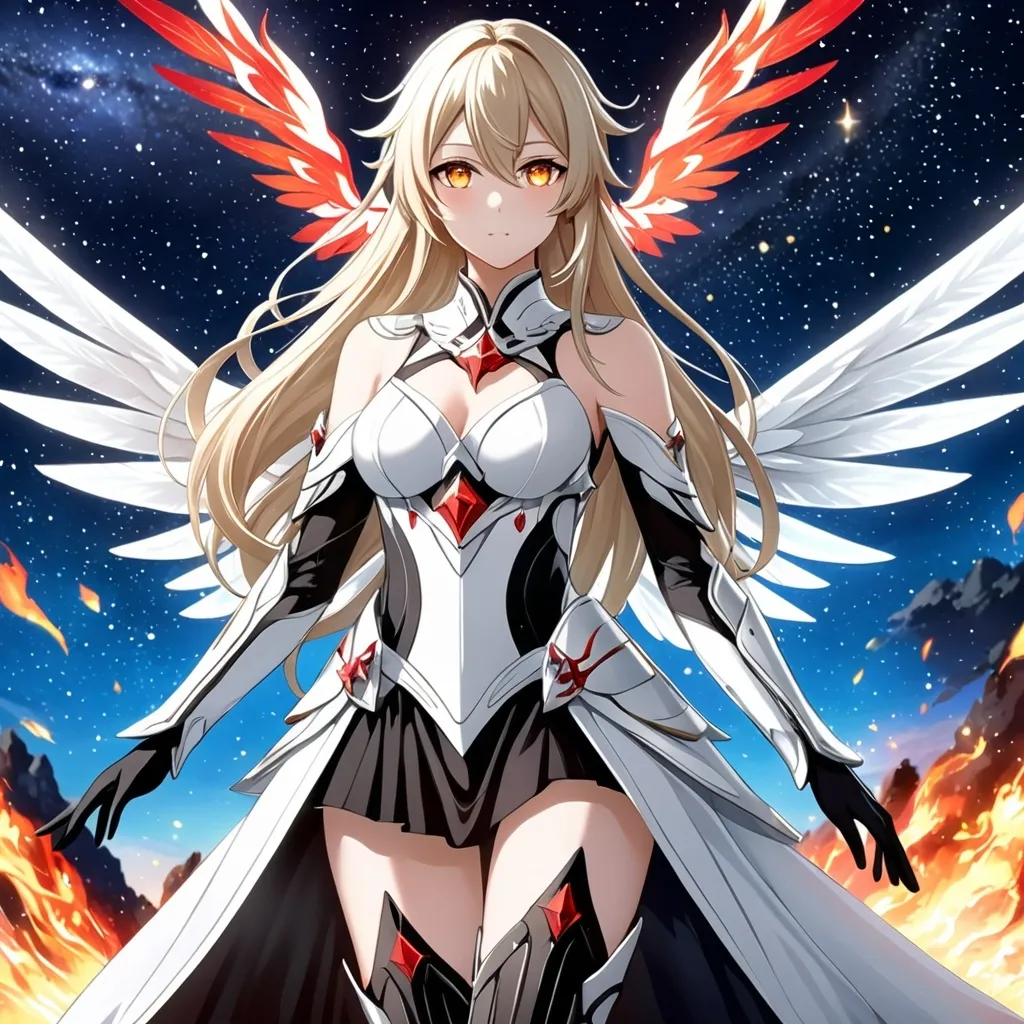 Prompt: anime, girl, detailed, very detailed, a woman in a white clothes, black skirt, stars and galactic in the background, official art, anime, girl, detailed, very detailed, crystal yellow eyes, very long blonde hair, 8k, detailed eyes, Anime illustration of a tall woman,  flame fairy wings, black thigh-highs, bright pupils, space, starfalls , high quality, thin body, anime art, detailed eyes, professional, atmospheric lighting, normal hands, five fingers, aura, adult woman, cold face, sharp eyes, 1girl, glowing eyes, Lumine from genshin impact, dress, textured corset with gold accessories, wearing long black gloves, bare shoulders, pyrokinesis, flame, white long arms shirt with black gloves, a white armor futuristic suit