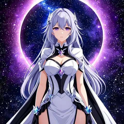 Prompt: Crystal purple eyes, long silver and hair, galactic background, 8k, he, detailed eyes, glove holding, textured dress, textured corset with silver accessories, Anime illustration of a tall woman wearing a white dress, hands behind back, black thigh-highs and black gloves, bright pupils, space, starfalls , high quality, thin body, anime art, detailed eyes, professional, atmospheric lighting, normal hands, five fingers, goddess, aura, adult woman, cold face, herrscher from honkai impact's outfit, sharp eyes, 1girl, white cape