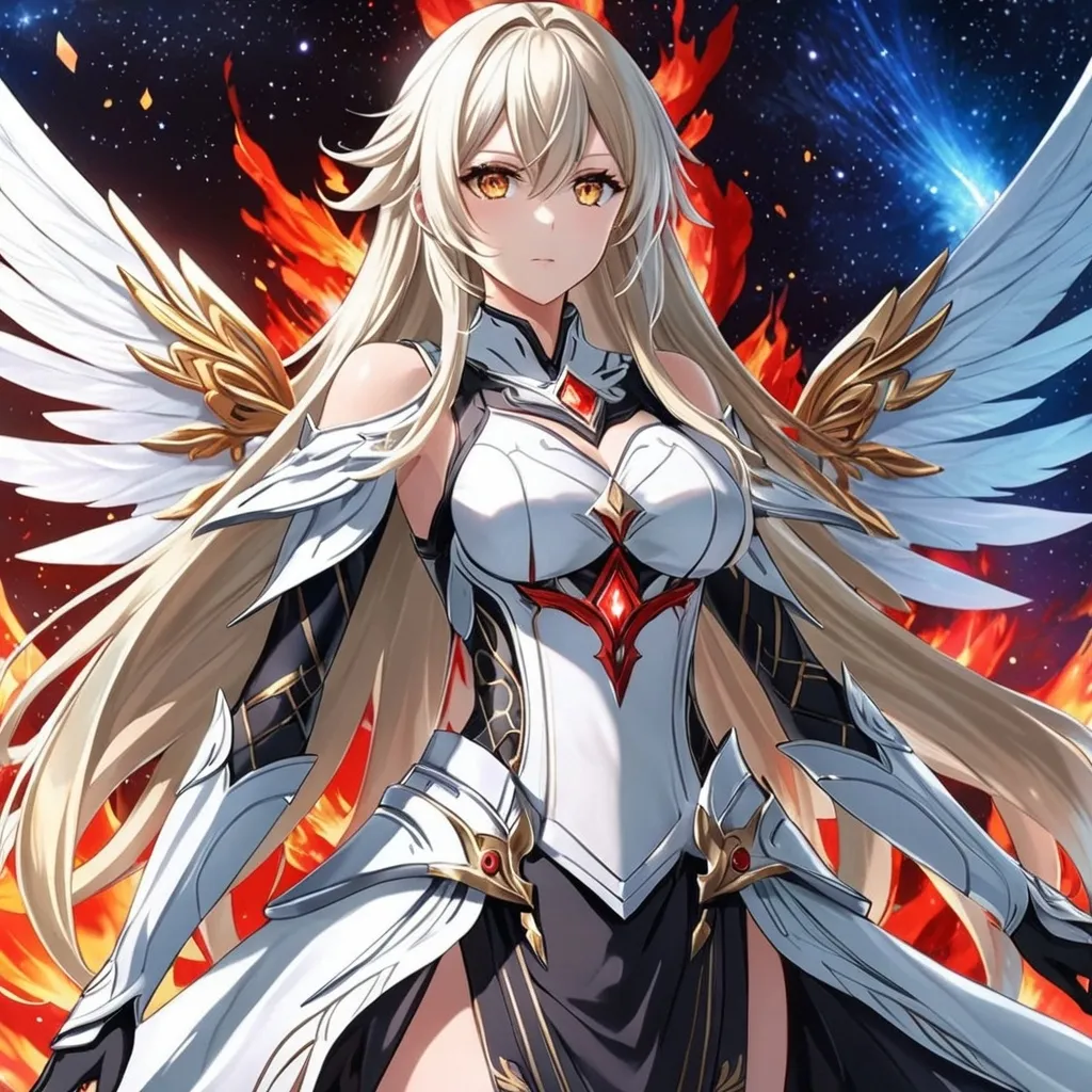 Prompt: anime, girl, detailed, very detailed, a woman in a white clothes, black skirt, stars and galactic in the background, official art, anime, girl, detailed, very detailed, crystal yellow eyes, very long blonde hair, 8k, detailed eyes, Anime illustration of a tall woman,  flame fairy wings, black thigh-highs, bright pupils, space, starfalls , high quality, thin body, anime art, detailed eyes, professional, atmospheric lighting, normal hands, five fingers, aura, adult woman, cold face, sharp eyes, 1girl, glowing eyes, Lumine from genshin impact, dress, textured corset with gold accessories, wearing long black gloves, bare shoulders, pyrokinesis, flame, white long arms shirt with black gloves, a white armor futuristic suit