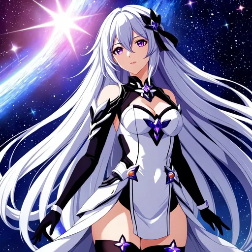 Prompt: Anime illustration of a tall woman with very long white hair, purple eyes, wearing a white dress, hands behind back, black thigh-highs, and gloves, bright pupils, space, stars , high quality, thin body, anime art, detailed eyes, professional, atmospheric lighting, normal hands, five fingers, goddess, aura, adult woman, herrscher from honkai impact's outfit