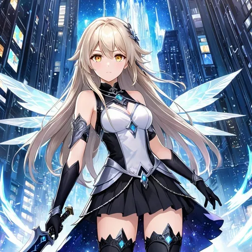 Prompt: anime, girl, detailed, very detailed, a woman in a white shirt inside, black skirt with a sword on a city street with skyscrapers in the background, official art, anime, girl, detailed, very detailed, crystal yellow eyes, very long blonde hair, 8k, detailed eyes, wearing gloves, Anime illustration of a tall woman, light fairy wings, black thigh-highs and black gloves, bright pupils, space, starfalls , high quality, thin body, anime art, detailed eyes, professional, atmospheric lighting, normal hands, five fingers, aura, adult woman, cold face, sharp eyes, 1girl, glowing eyes, Lumine from genshin impact