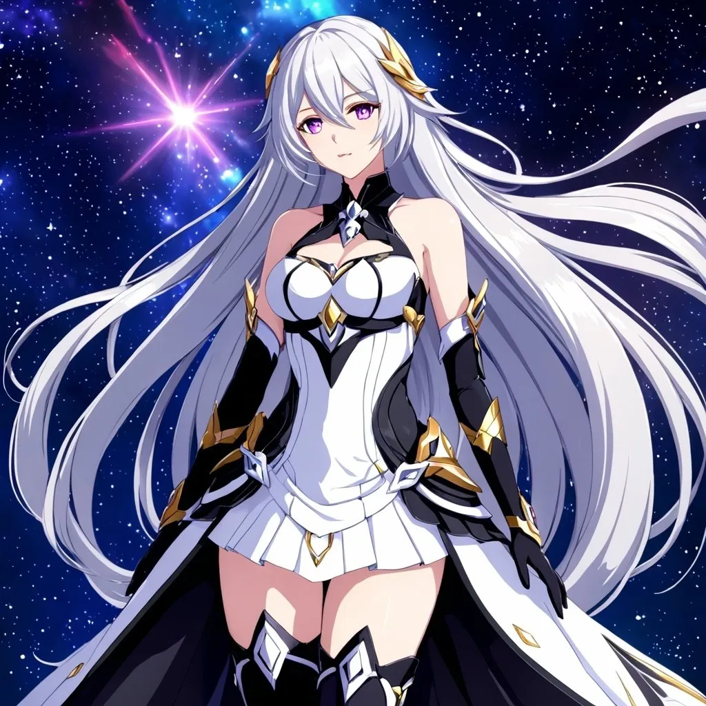 Prompt: Anime illustration of a tall woman with very long white hair, purple eyes, wearing a white dress, hands behind back, black thigh-highs, and gloves, bright pupils, space, stars , high quality, thin body, anime art, detailed eyes, professional, atmospheric lighting, normal hands, five fingers, goddess, aura, adult woman, herrscher from honkai impact's outfit