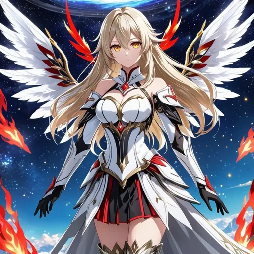 Prompt: anime, girl, detailed, very detailed, a woman in a white clothes, black short skirt, stars and galactic in the background, official art, anime, girl, detailed, very detailed, crystal yellow eyes, very long blonde hair, 8k, detailed eyes, Anime illustration of a tall woman,  flame fairy wings, black thigh-highs, bright pupils, space, starfalls , high quality, thin body, anime art, detailed eyes, professional, atmospheric lighting, normal hands, five fingers, aura, adult woman, cold face, sharp eyes, 1girl, glowing eyes, Lumine from genshin impact, dress, textured corset with gold accessories, wearing long black gloves, bare shoulders, pyrokinesis, flame, white long arms shirt with black gloves, a white armor futuristic suit