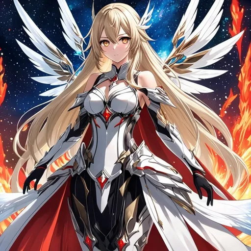 Prompt: anime, girl, detailed, very detailed, a woman in a white clothes, black skirt, stars and galactic in the background, official art, anime, girl, detailed, very detailed, crystal yellow eyes, very long blonde hair, 8k, detailed eyes, Anime illustration of a tall woman,  flame fairy wings, black thigh-highs, bright pupils, space, starfalls , high quality, thin body, anime art, detailed eyes, professional, atmospheric lighting, normal hands, five fingers, aura, adult woman, cold face, sharp eyes, 1girl, glowing eyes, Lumine from genshin impact, dress, textured corset with gold accessories, wearing long black gloves, bare shoulders, pyrokinesis, flame, white long arms shirt with black gloves, a white armor futuristic suit, Very long blonde hair