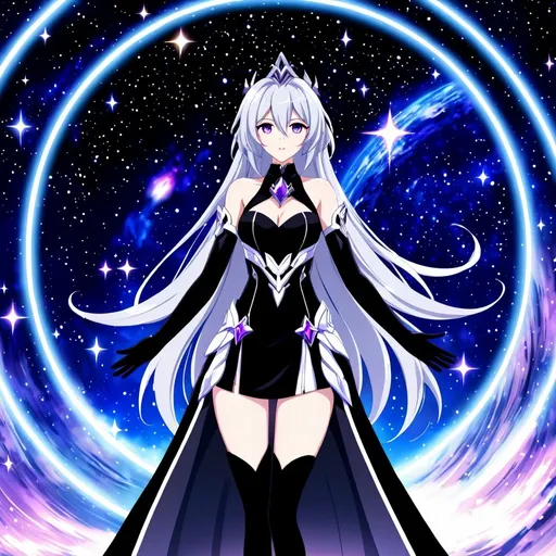 Prompt: Anime illustration of a tall woman with long silver hair, purple eyes, wearing a black dress, hands behind back, black thigh-highs, and gloves, bright pupils, space, stars , high quality, thin body, anime art, detailed eyes, professional, atmospheric lighting, normal hands, five fingers, goddess, aura, adult woman, herrscher from honkai impact's outfit