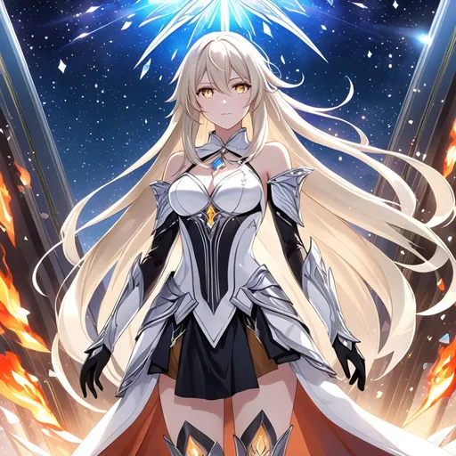 Prompt: anime, girl, detailed, very detailed, a woman in a white clothes, black skirt, stars and galactic in the background, official art, anime, girl, detailed, very detailed, crystal yellow eyes, very long blonde hair, 8k, detailed eyes, Anime illustration of a tall woman,  flame fairy wings, black thigh-highs, bright pupils, space, starfalls , high quality, thin body, anime art, detailed eyes, professional, atmospheric lighting, normal hands, five fingers, aura, adult woman, cold face, sharp eyes, 1girl, glowing eyes, Lumine from genshin impact, dress, textured corset with gold accessories, wearing long black gloves, bare shoulders, pyrokinesis, flame, white long arms shirt with black gloves, a white armor futuristic suit, Very long blonde hair