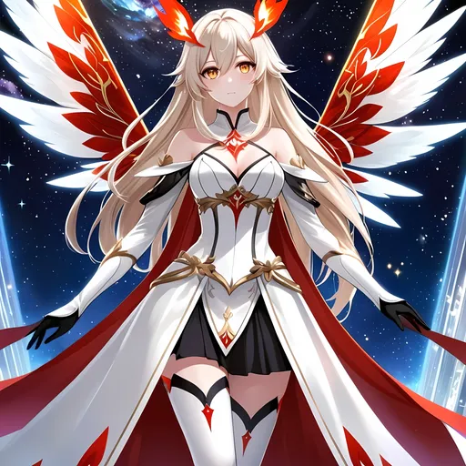 Prompt: anime, girl, detailed, very detailed, a woman in a white clothes, black skirt, stars and galactic in the background, official art, anime, girl, detailed, very detailed, crystal yellow eyes, very long blonde hair, 8k, detailed eyes, Anime illustration of a tall woman,  flame fairy wings, black thigh-highs, bright pupils, space, starfalls , high quality, thin body, anime art, detailed eyes, professional, atmospheric lighting, normal hands, five fingers, aura, adult woman, cold face, sharp eyes, 1girl, glowing eyes, Lumine from genshin impact, dress, textured corset with gold accessories, wearing long black gloves, bare shoulders, pyrokinesis, flame, white long arms shirt with black gloves, a white armor futuristic suit