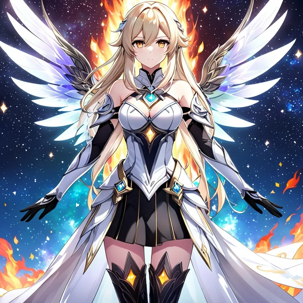 Prompt: anime, girl, detailed, very detailed, a woman in a white clothes, black skirt, stars and galactic in the background, official art, anime, girl, detailed, very detailed, crystal yellow eyes, very long blonde hair, 8k, detailed eyes, Anime illustration of a tall woman,  flame fairy wings, black thigh-highs, bright pupils, space, starfalls , high quality, thin body, anime art, detailed eyes, professional, atmospheric lighting, normal hands, five fingers, aura, adult woman, cold face, sharp eyes, 1girl, glowing eyes, Lumine from genshin impact, dress, textured corset with gold accessories, wearing long black gloves, bare shoulders, pyrokinesis, flame, white long arms shirt with black gloves, a white armor futuristic suit